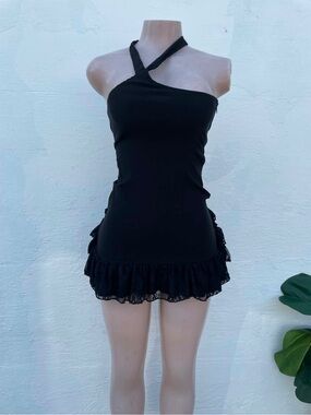 Killstar Black Asymmetric Halter Ruffle-Hem Mini Dress